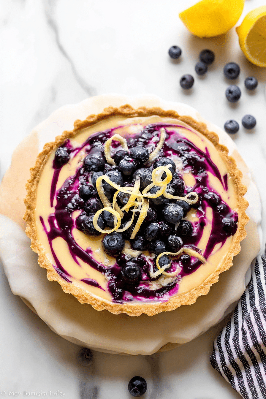 Lemon blueberry tart with a slice removed, showcasing the creamy filling and garnished with blueberries and lemon slices on a wooden surface.