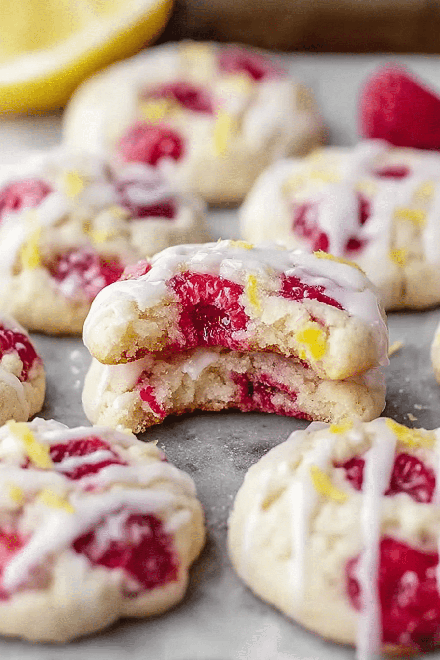 Stack of lemon raspberry cookies dusted with powdered sugar alongside fresh raspberries and lemon slices.