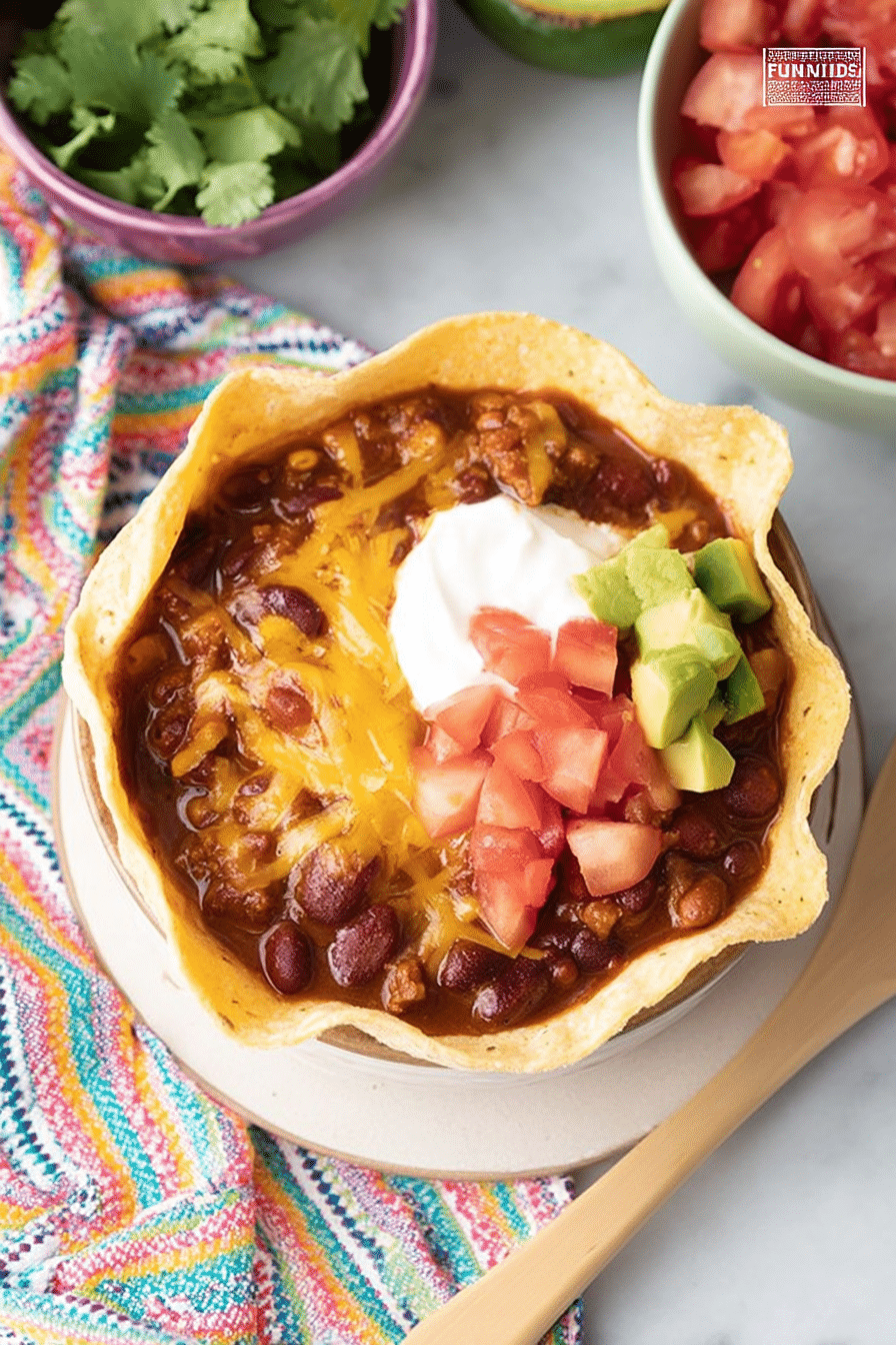 A delicious bowl of Mexican chili garnished with cilantro and cheese in a tostada bowl.