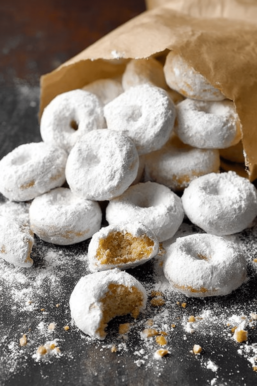 Close-up of fluffy mini powdered sugar doughnuts stacked on a plate, dusted with powdered sugar.