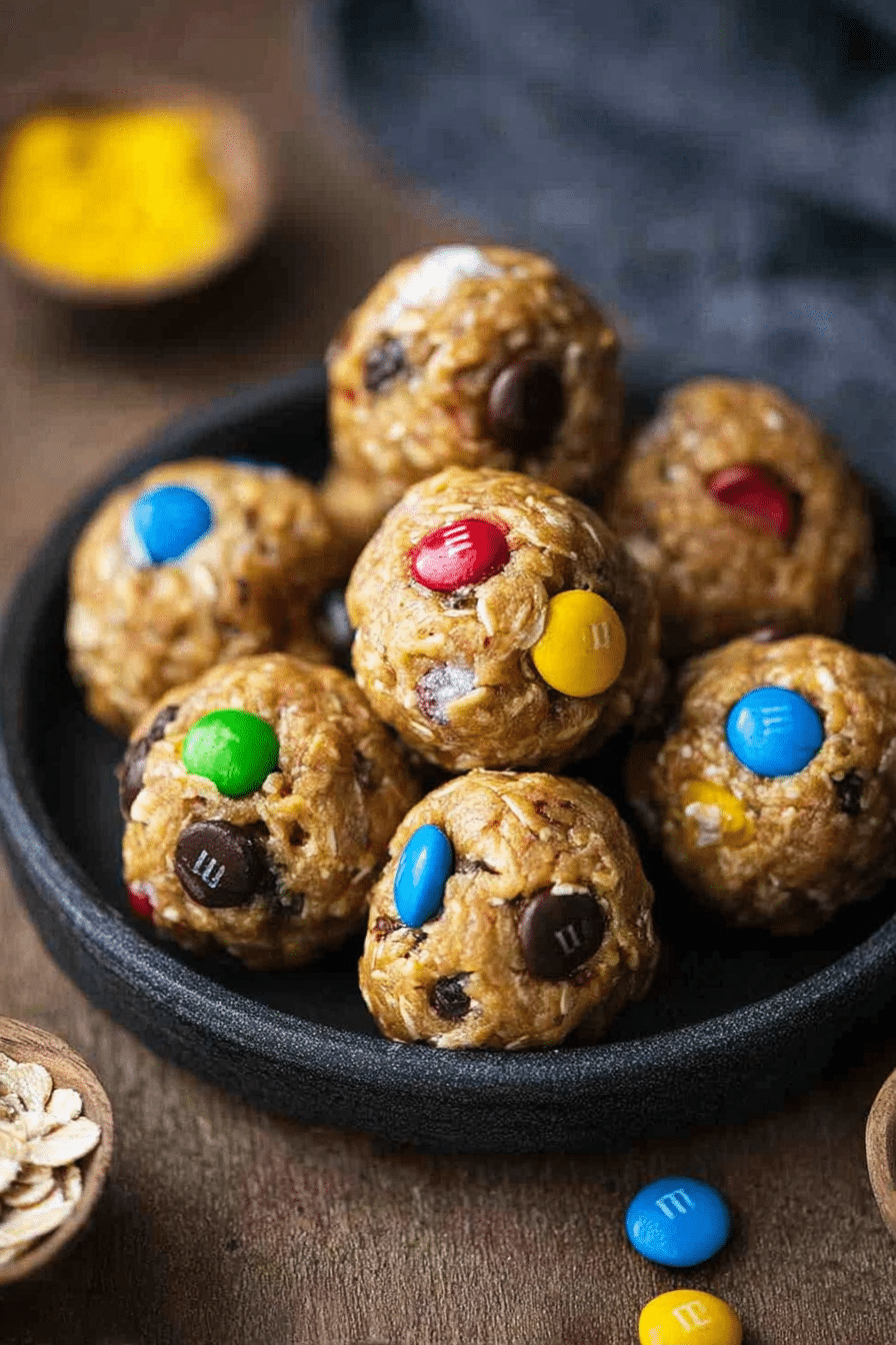 Delicious and colorful monster cookie protein balls on a wooden platter, featuring mini chocolate chips and candies.