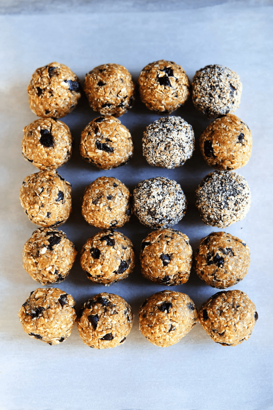 Delicious no-bake protein balls on a plate with chocolate chips nearby.