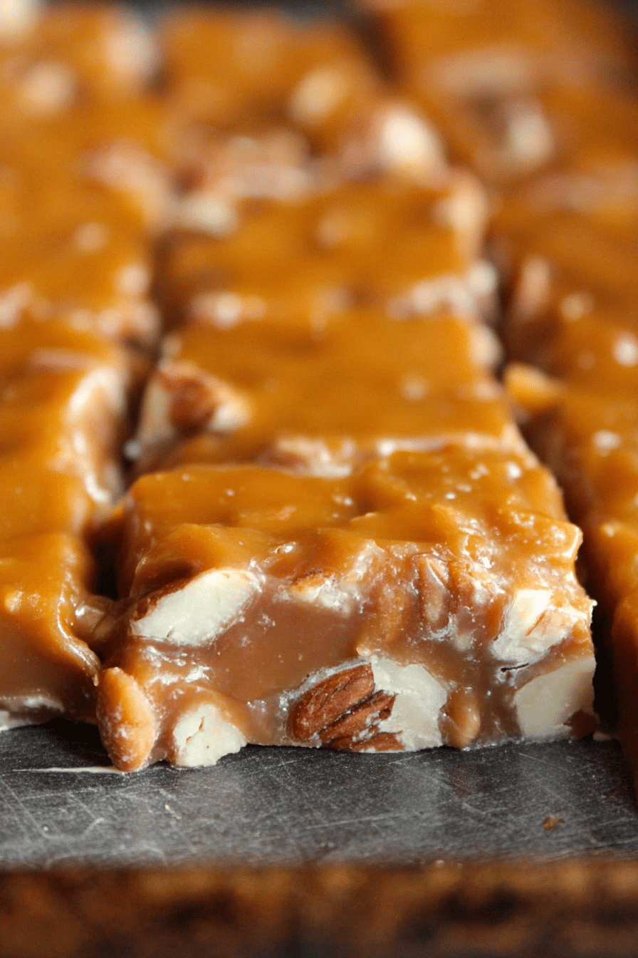 Delicious homemade Oklahoma nut candy squares on a decorative plate with walnuts and pecans.
