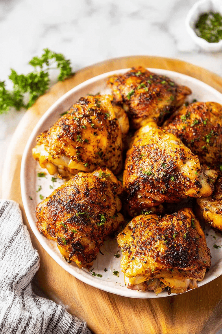 Plated oven baked chicken thighs garnished with herbs and served with colorful roasted vegetables.
