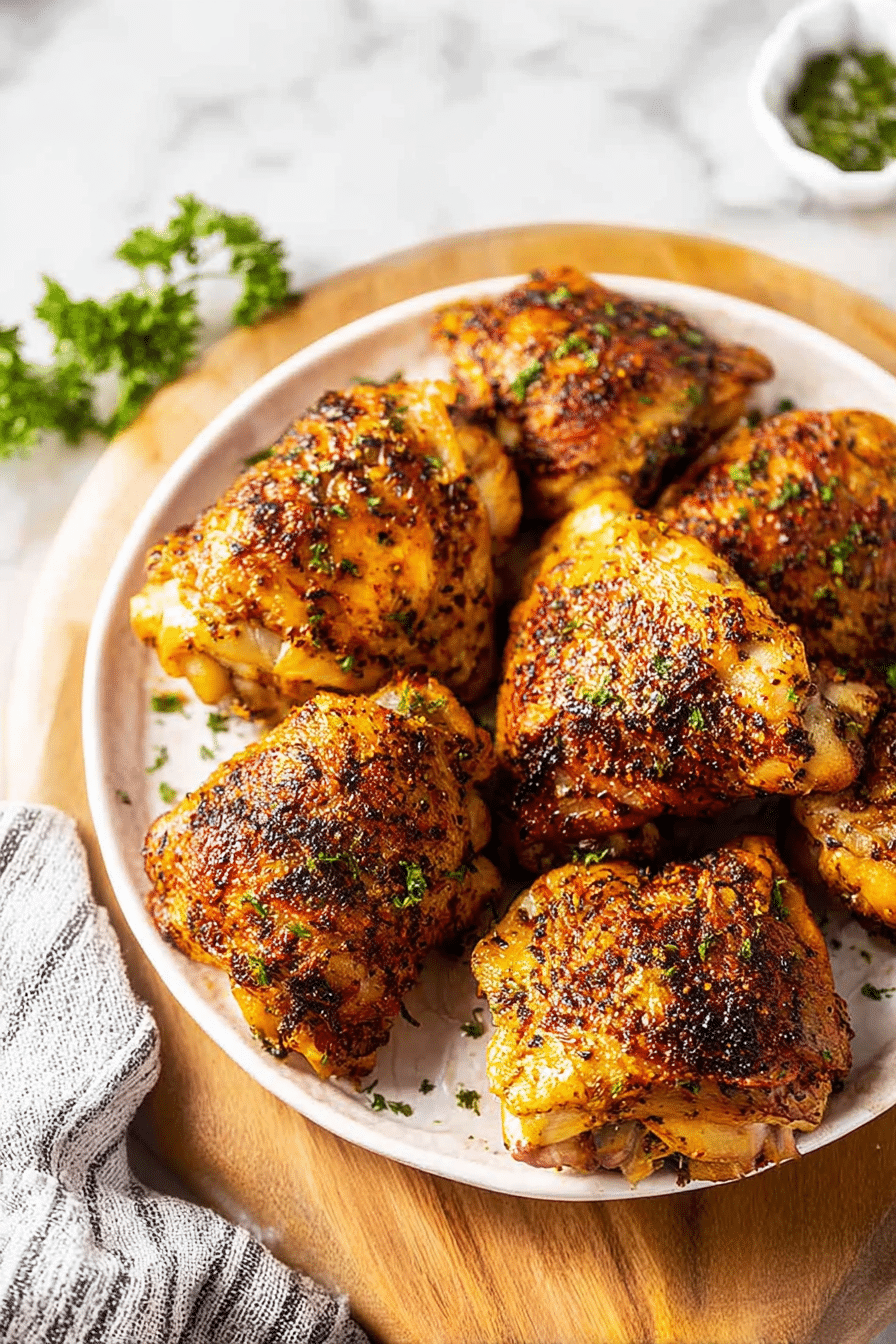 Plated oven baked chicken thighs garnished with herbs and served with colorful roasted vegetables.