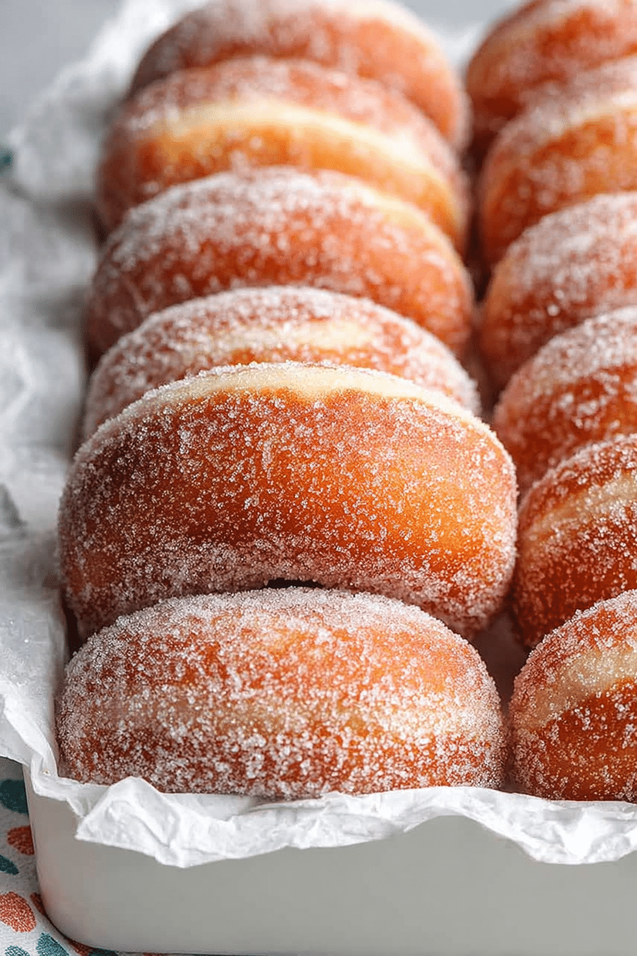 Close-up of fluffy sugar donuts dusted with sugar on a wooden table with coffee in the background.