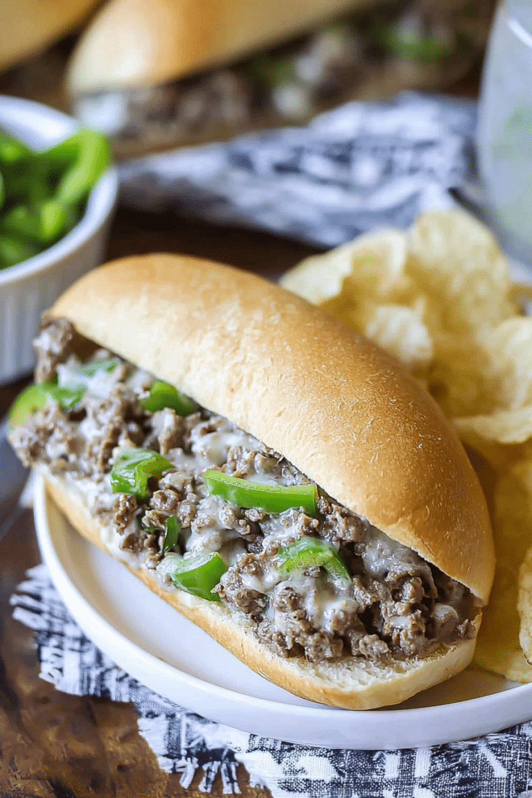 Close-up of a Philly cheesesteak sandwich with ground beef and melted cheese on a wooden table.
