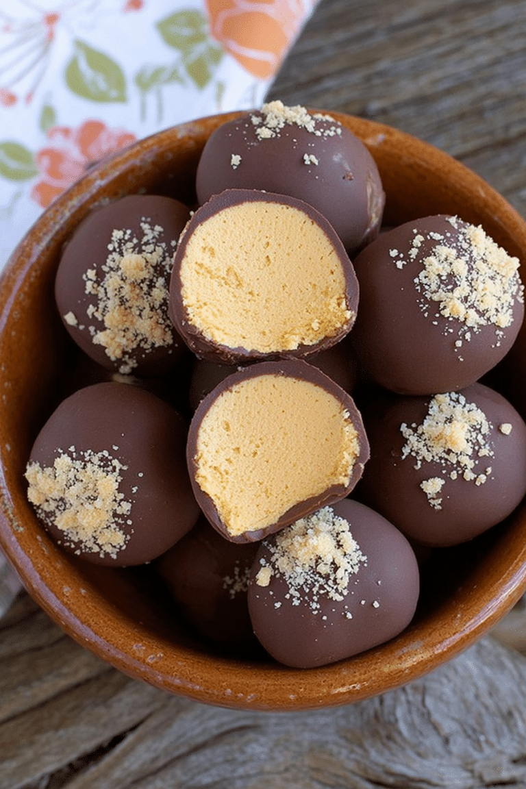 Delicious pumpkin cheesecake truffles plated with dark chocolate drizzle and sea salt.