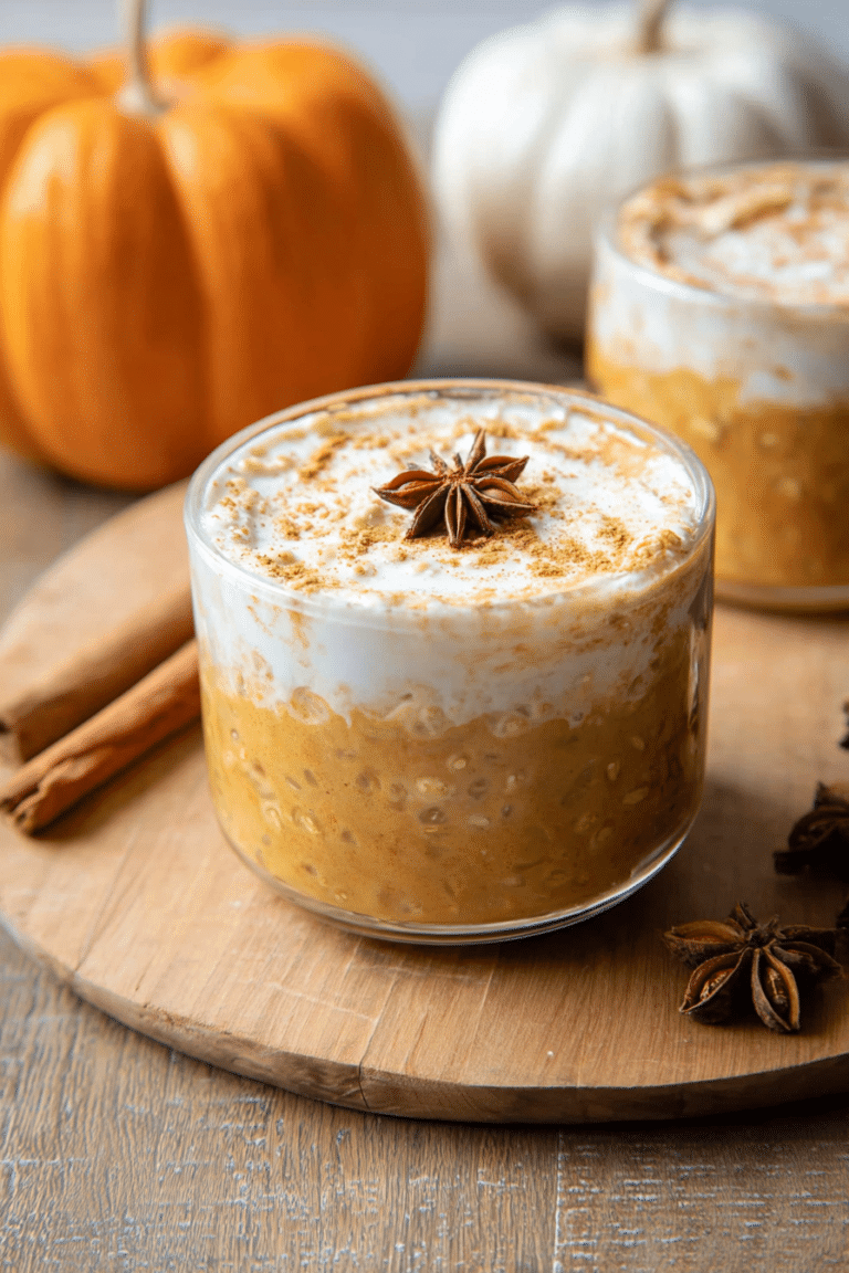 Delicious pumpkin pie overnight oats in a jar, topped with whipped cream and pumpkin spice.