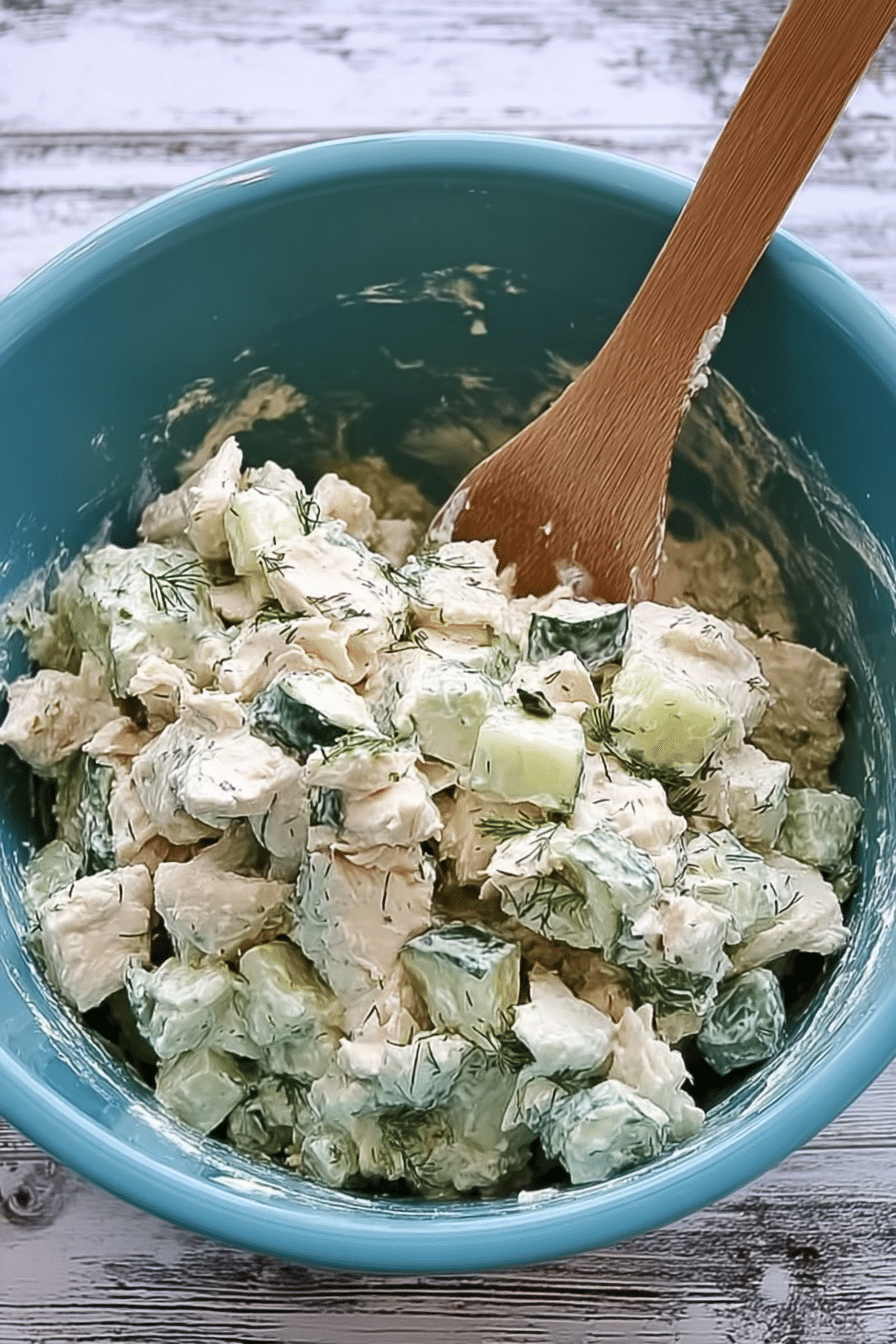 Refreshing cucumber dill chicken salad with rotisserie chicken, cucumbers, and a tangy Greek yogurt dressing, garnished with fresh herbs.