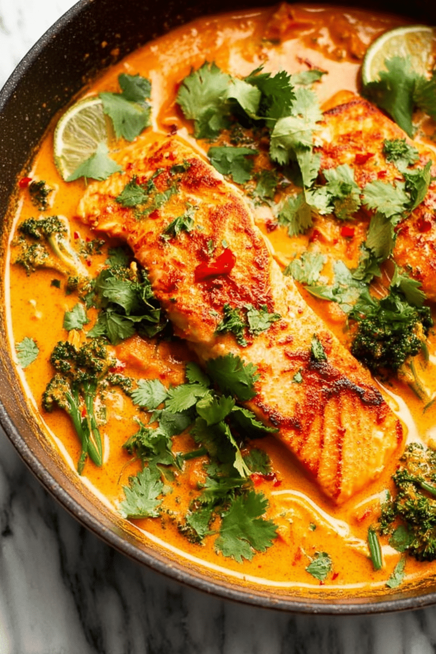 Delicious salmon coconut curry in a bowl with garnishes and a side of rice.