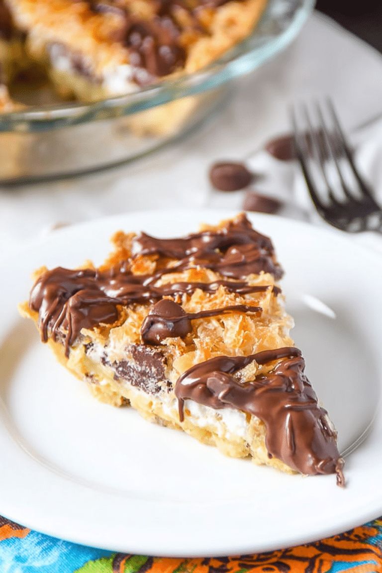 Delicious Samoa Cookie Pie with chocolate, caramel, and toasted coconut on a buttery crust.
