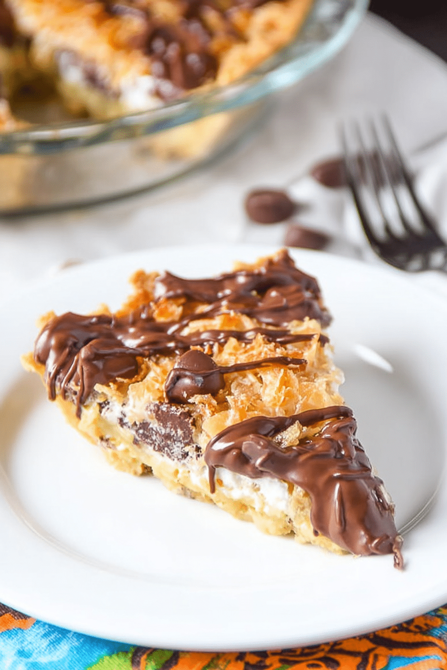 Delicious Samoa Cookie Pie with chocolate, caramel, and toasted coconut on a buttery crust.