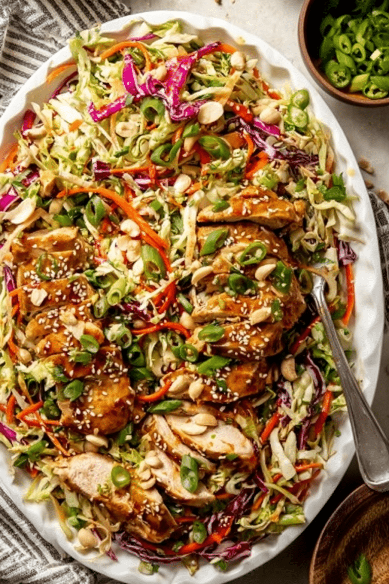 Delicious sesame chicken salad in a bowl with vibrant vegetables and garnishes.