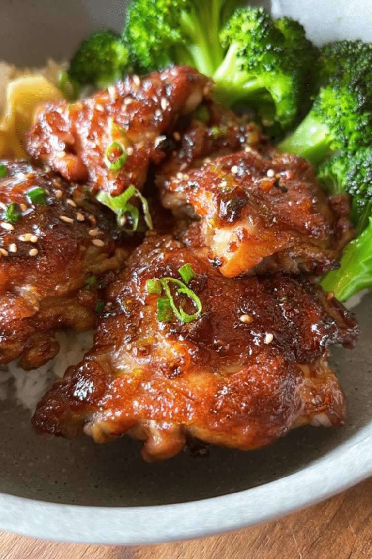 Delicious soy garlic chicken thighs served with steamed rice and vegetables
