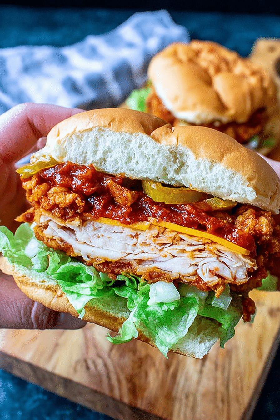 Close-up of a spicy crispy chicken burger with lettuce and cheese, showcasing the crispy golden chicken patty.