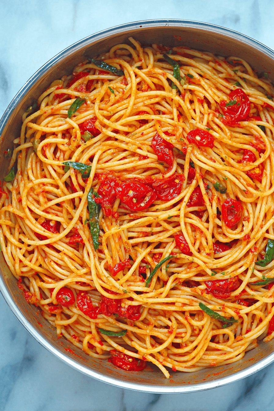 Delicious spicy spaghetti topped with basil and parmesan cheese on a wooden table.