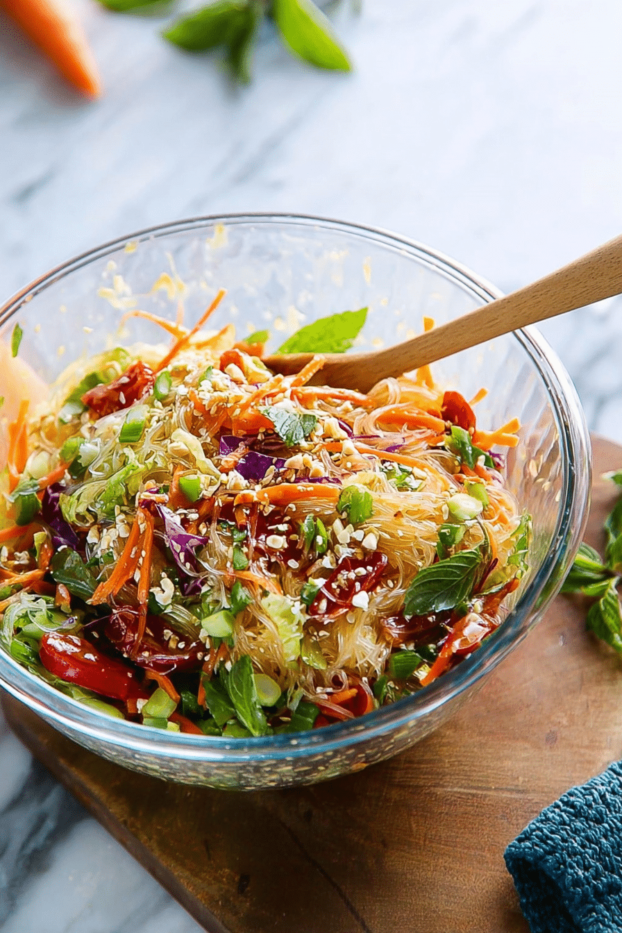 Spring roll salad with vibrant vegetables in a glass bowl, garnished with sesame seeds and herbs