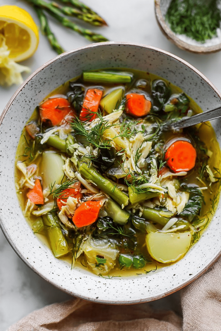 Vibrant bowl of spring vegetable soup with colorful veggies and a lemon wedge.