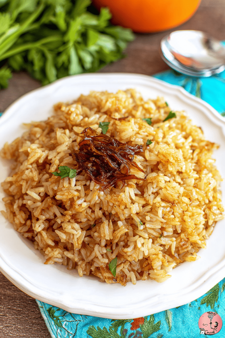 Delicious stick of butter rice served in a bowl with fresh herbs on top.