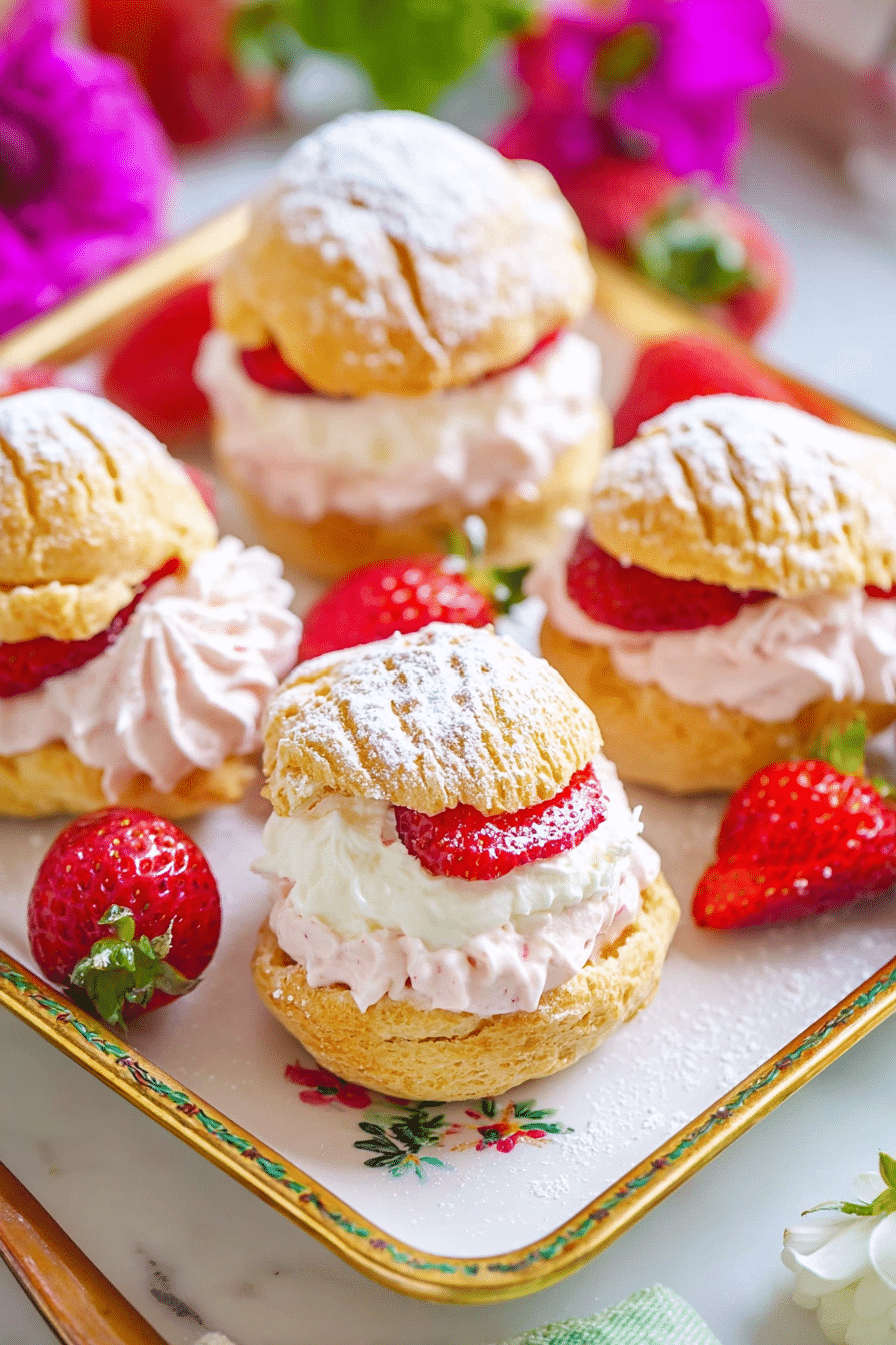 Delicious strawberry cream puffs on a plate, garnished with fresh strawberries and powdered sugar.