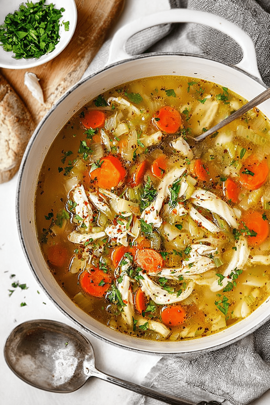 Bowl of ultimate chicken soup with carrots, parsnips, and herbs, perfect for a cold weather meal.