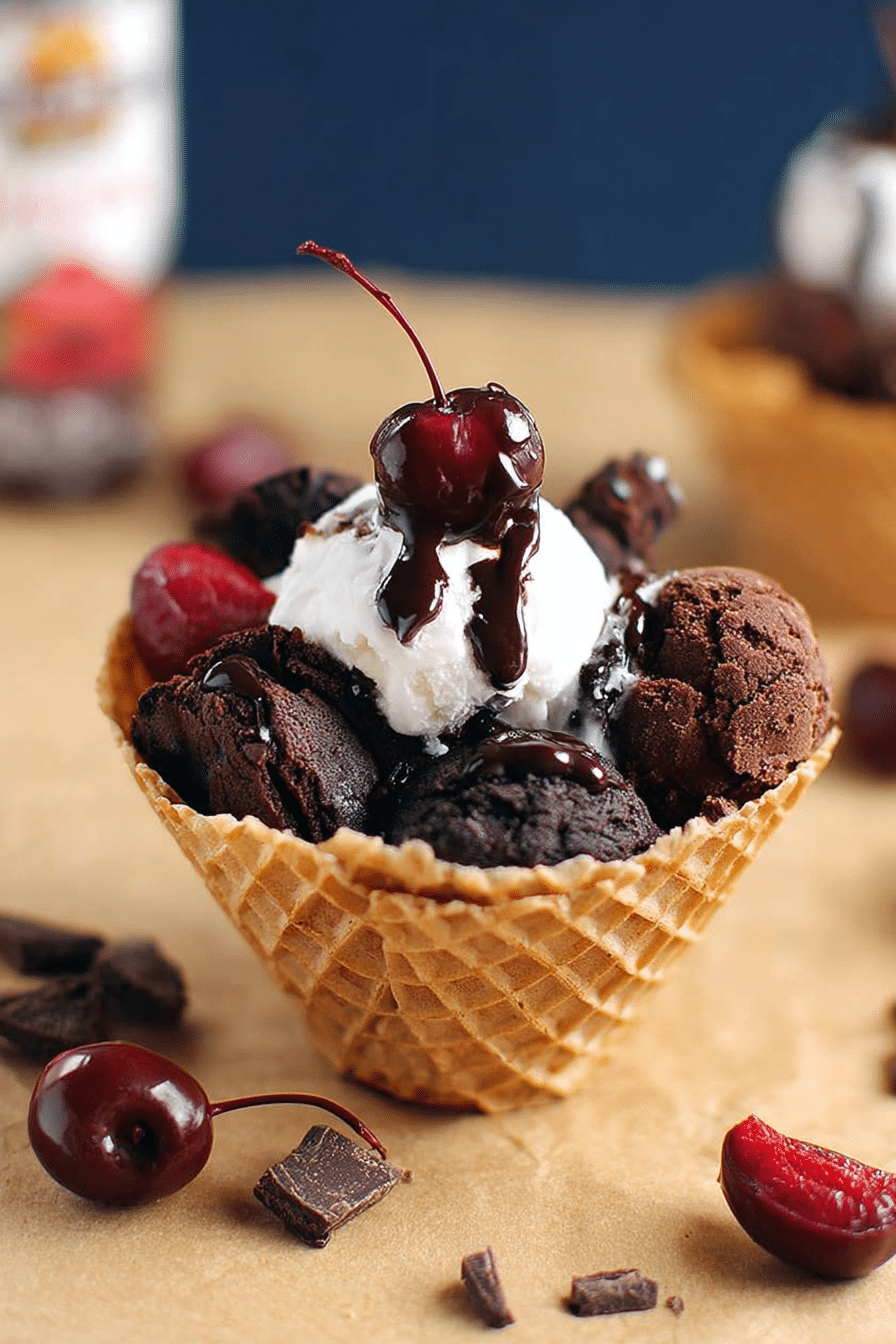 Vegan chocolate brownie sundae served in a waffle bowl topped with coconut whip, chocolate shavings, and cherries against a warm dessert backdrop.