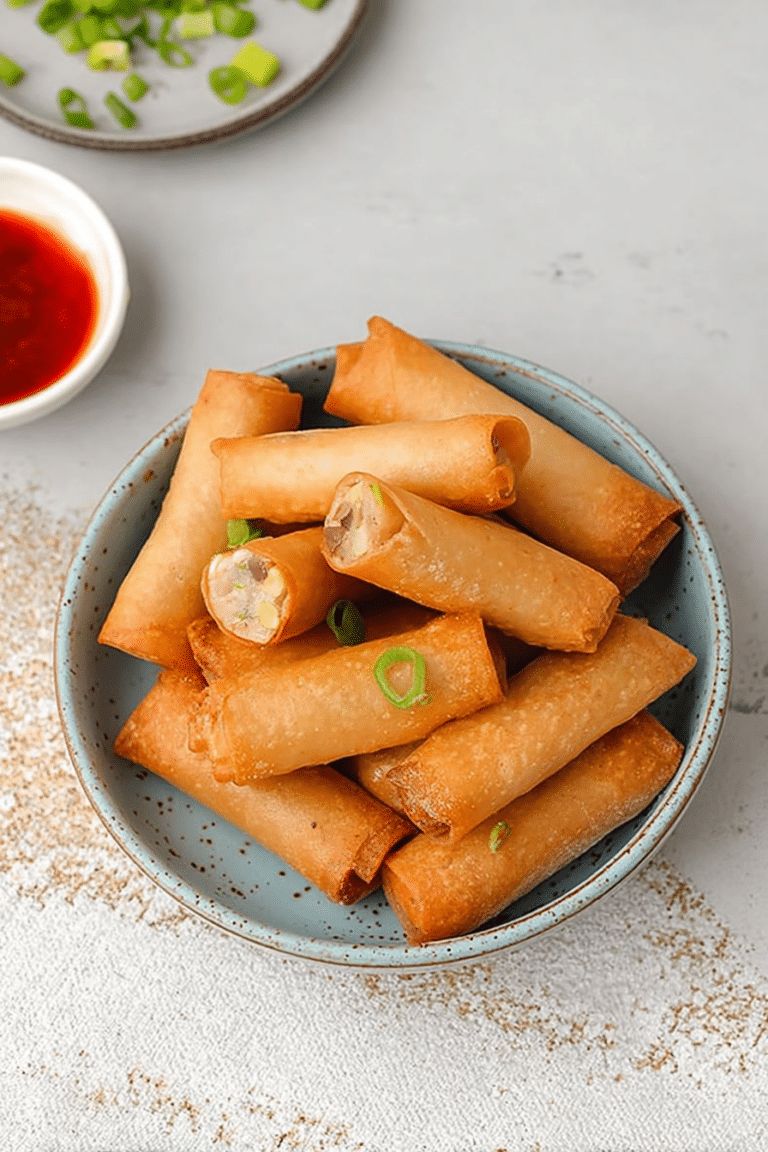 Crispy Vegan Filipino Spring Rolls on a plate with fresh herbs and dipping sauce