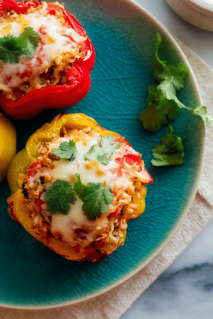 Colorful vegetarian stuffed peppers filled with rice, beans, and vegetables, garnished with fresh cilantro and lime.