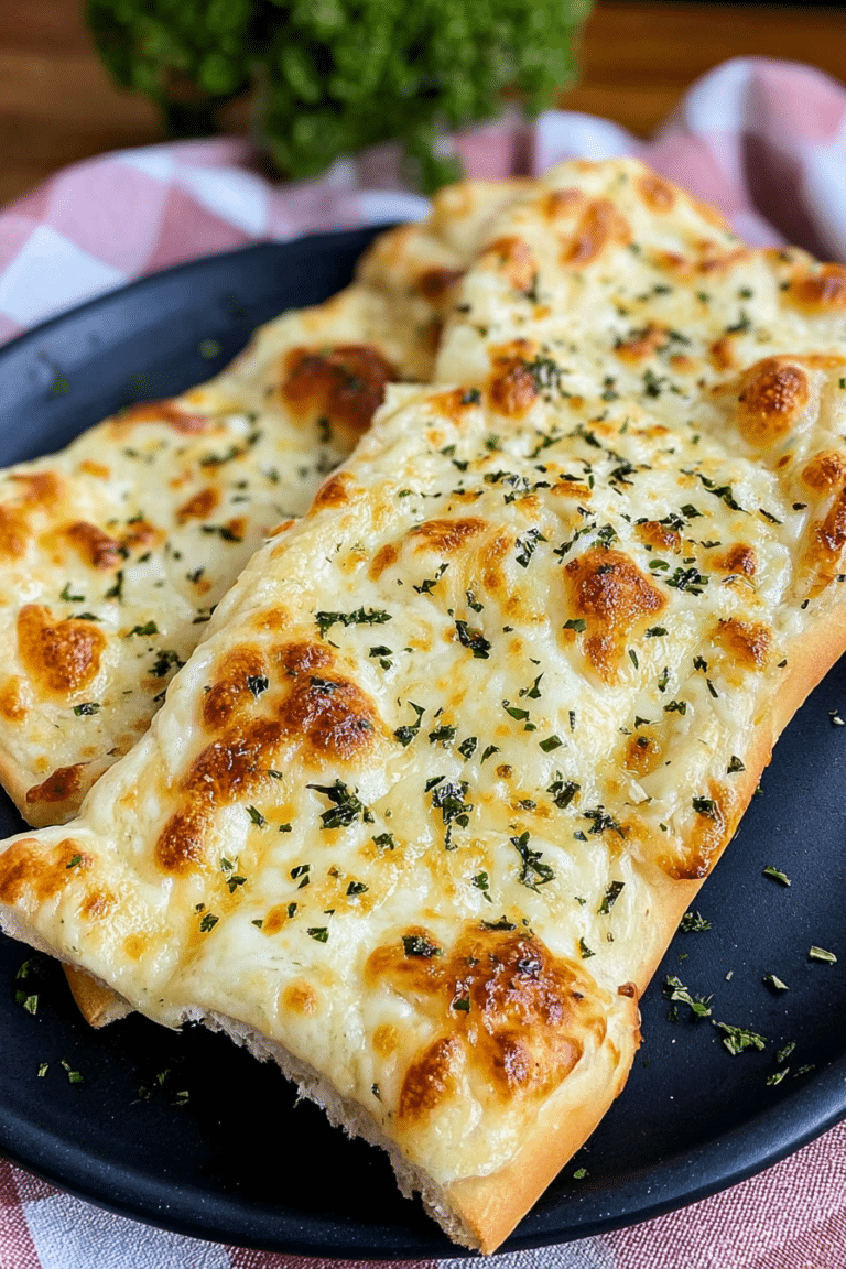 10-minute cheesy garlic flatbread pizza topped with gooey cheese and fresh parsley on a wooden table