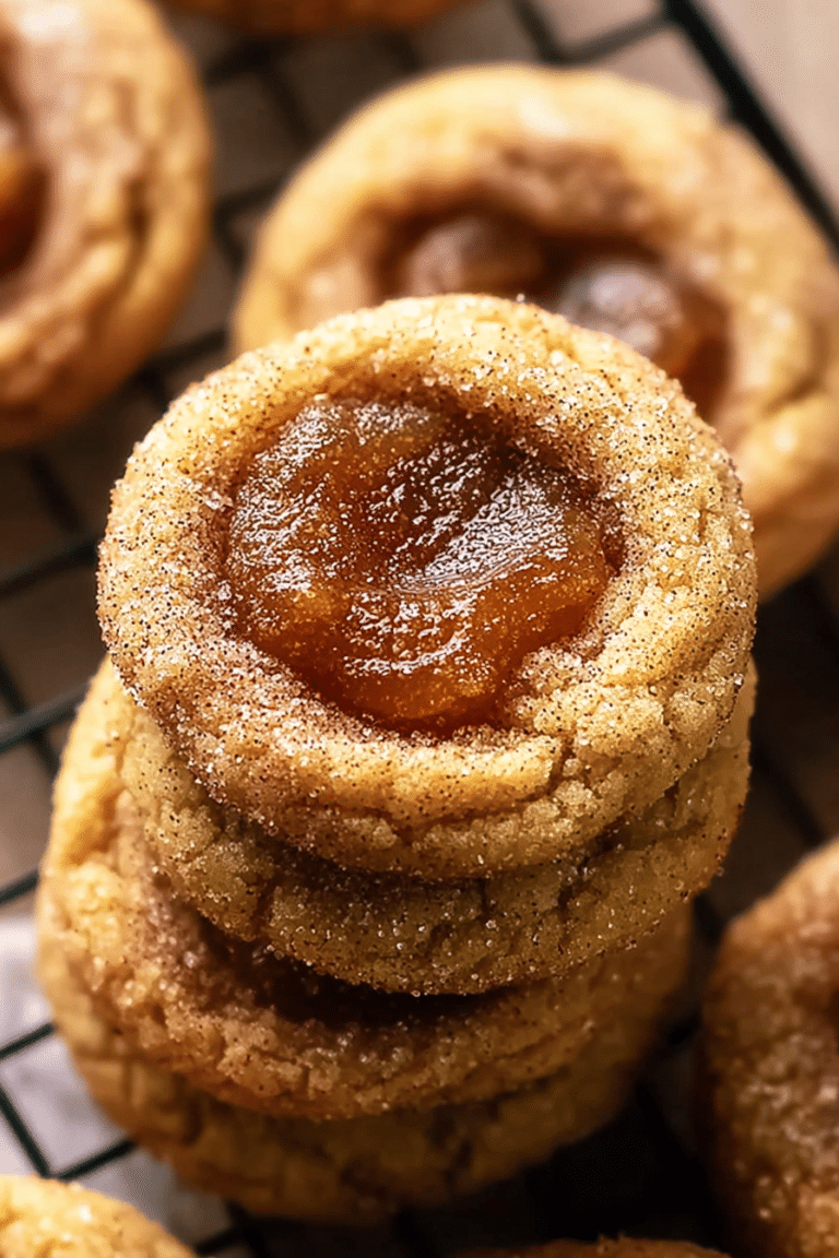 Warm apple butter snickerdoodle cookies on a plate with a cup of cider and apples in the background.