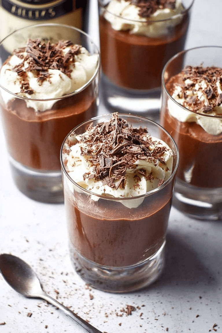 Delicious Baileys chocolate mousse served in a glass with whipped cream and chocolate shavings.