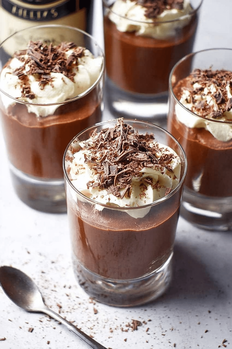 Delicious Baileys chocolate mousse served in a glass with whipped cream and chocolate shavings.