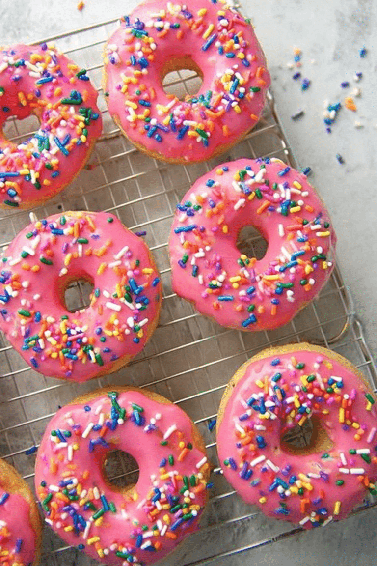 Close-up of baked birthday cake doughnuts with colorful sprinkles on a decorative plate.