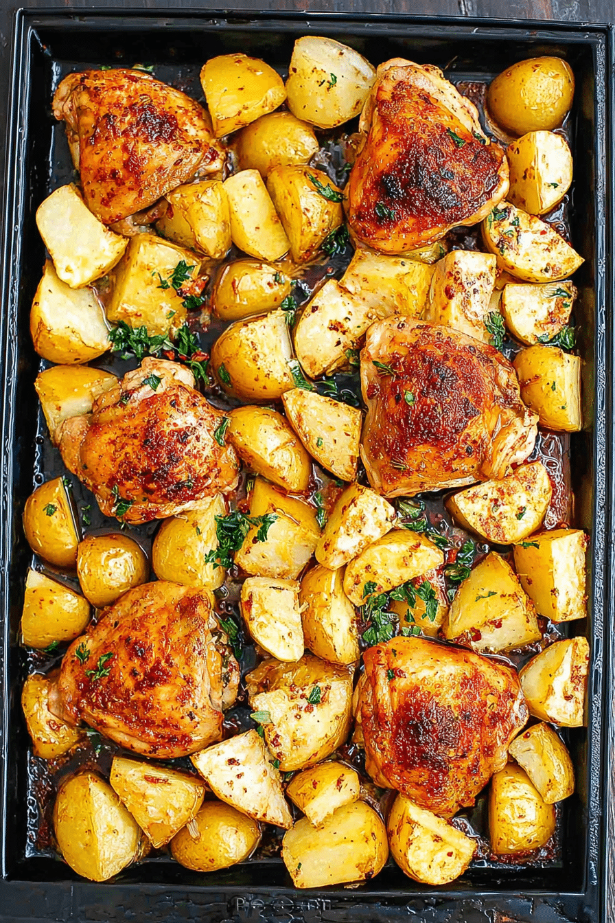 Baked chicken thighs with crispy potatoes garnished with fresh herbs on a white plate.