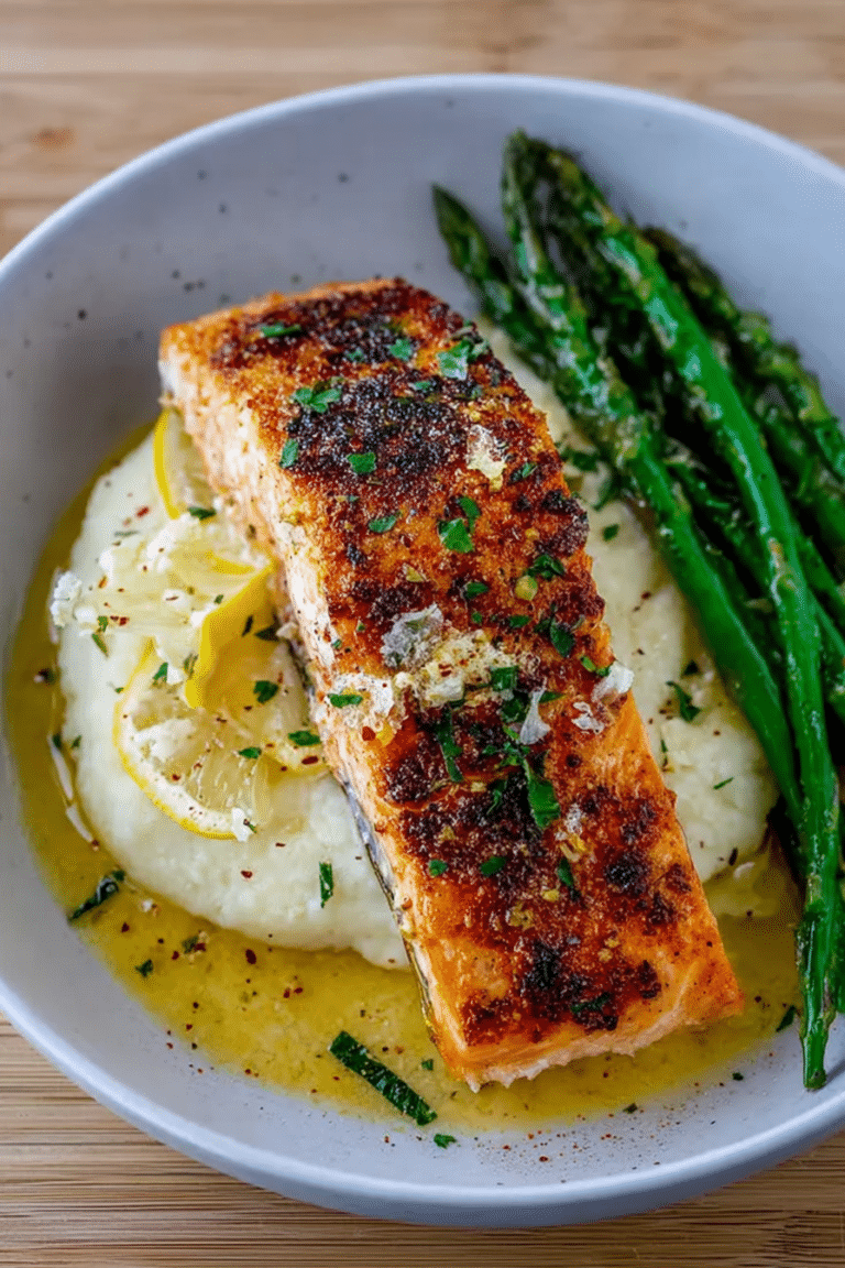 Plate of baked lemon garlic butter salmon with mashed potatoes and steamed greens
