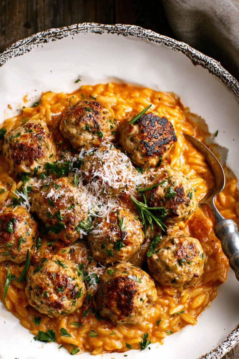 Baked rosemary chicken meatballs with creamy tomato orzo and spinach, garnished with crispy rosemary