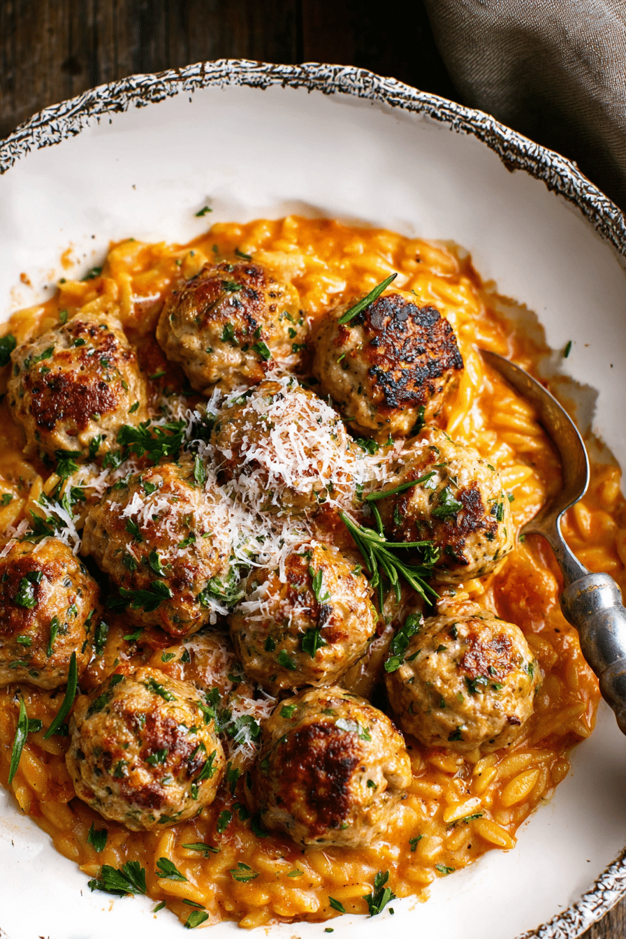 Baked rosemary chicken meatballs with creamy tomato orzo and spinach, garnished with crispy rosemary