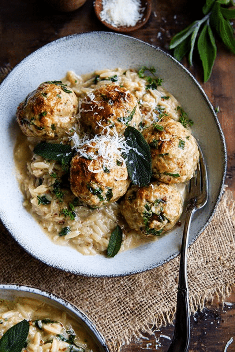 Baked sage chicken meatballs served over creamy parmesan orzo with crispy sage and black pepper.