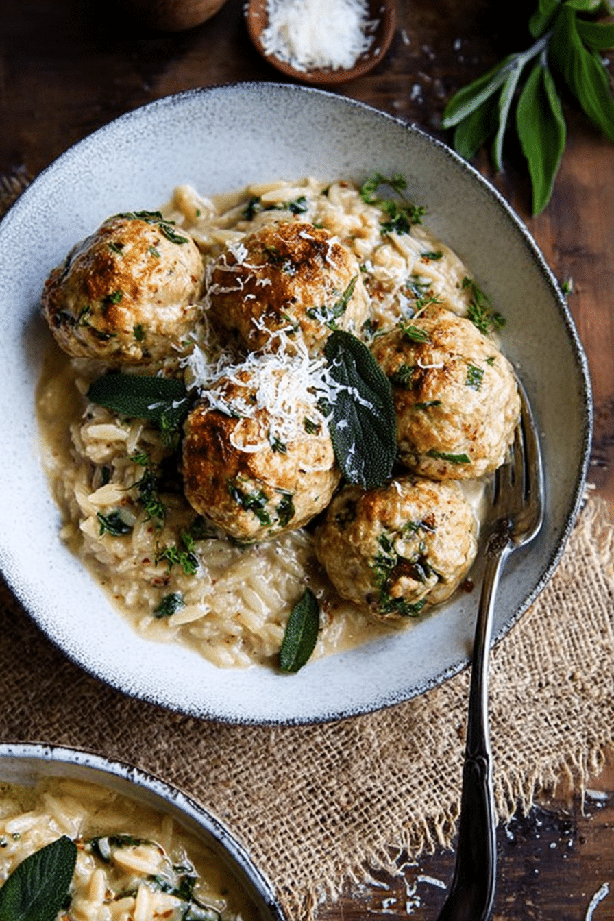 Baked sage chicken meatballs served over creamy parmesan orzo with crispy sage and black pepper.