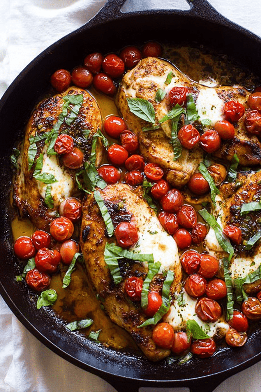 Delicious balsamic glazed one pan chicken garnished with fresh basil and mozzarella, ready to be served.
