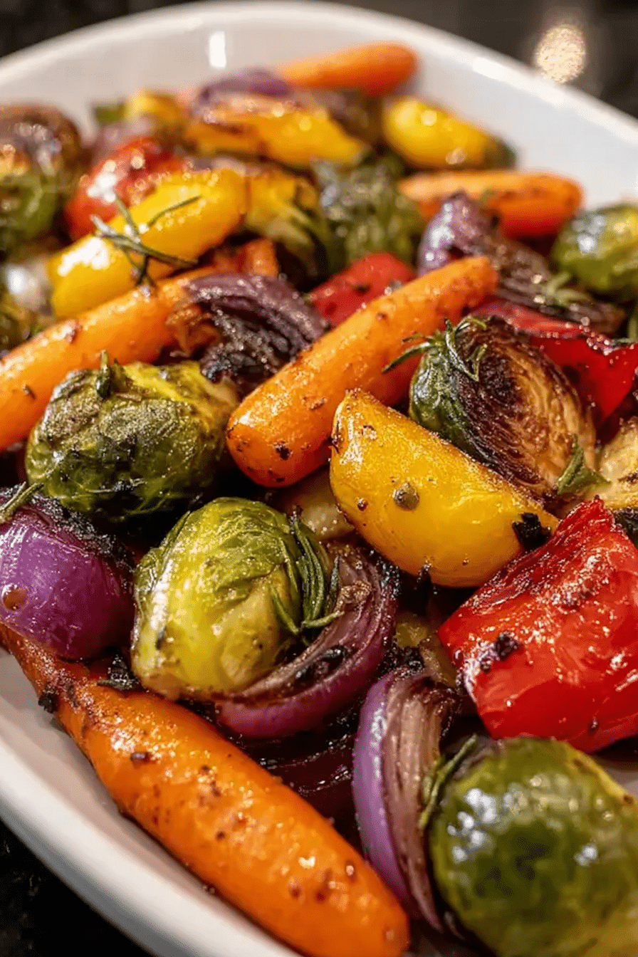 Close-up of balsamic glazed roasted vegetables including Brussels sprouts, carrots, bell peppers, and red onions on a baking sheet.