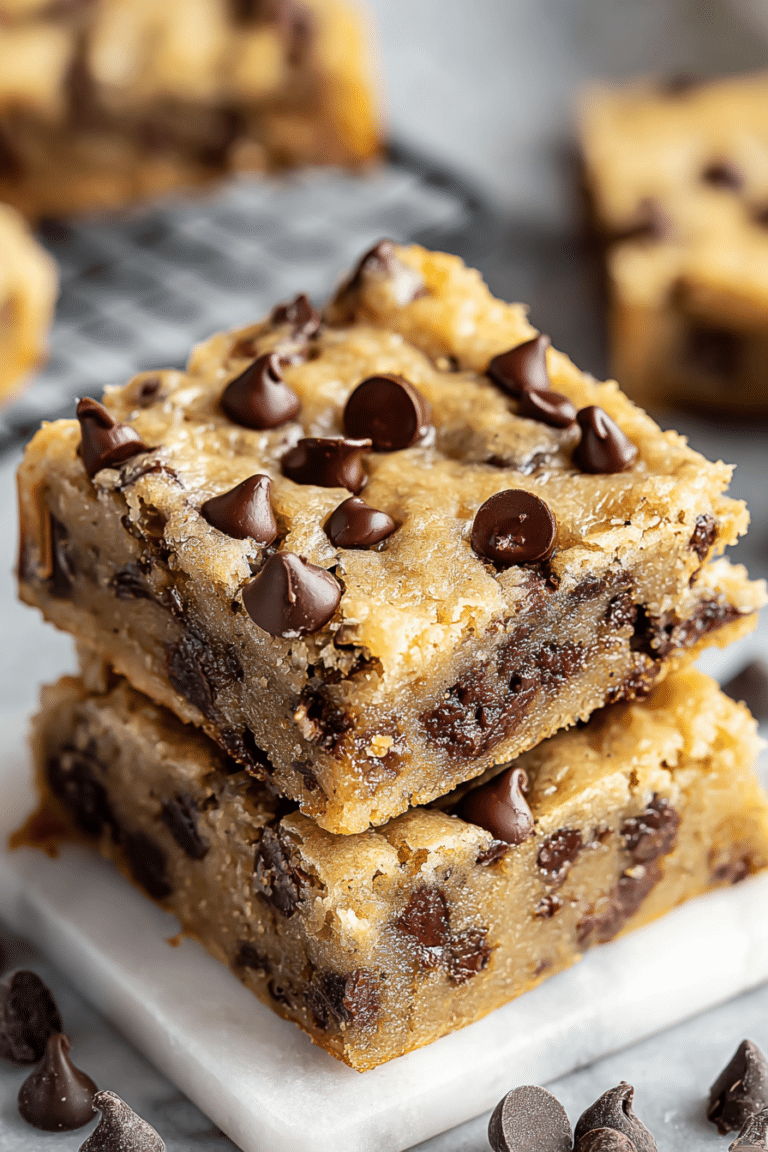 Close-up of moist banana chocolate chip bars with melted chocolate chips, served on a cutting board.