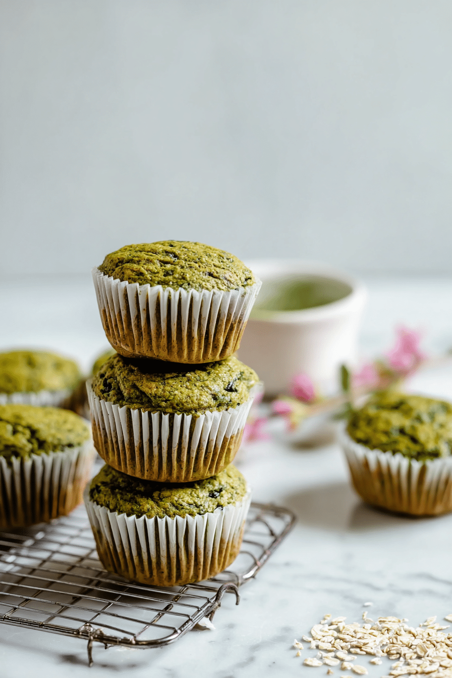 Freshly baked banana spinach muffins with bananas and spinach leaves on a wooden table