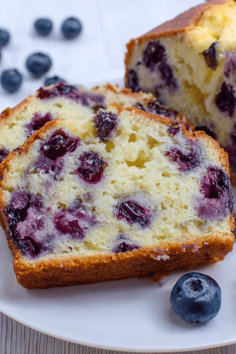 Sliced blueberry cream cheese loaf on a cutting board with fresh blueberries surrounding it.