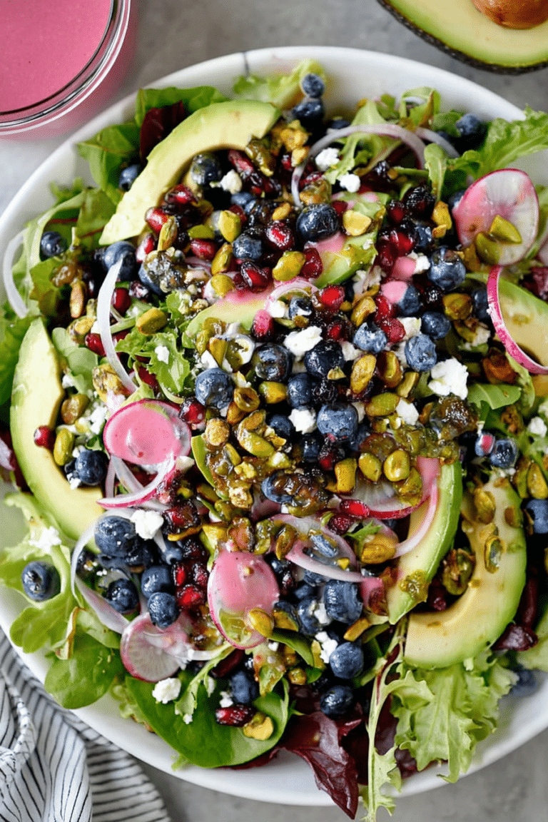 Close-up of a fresh blueberry pistachio spring salad with colorful greens, blueberries, and candied pistachios in a bowl.