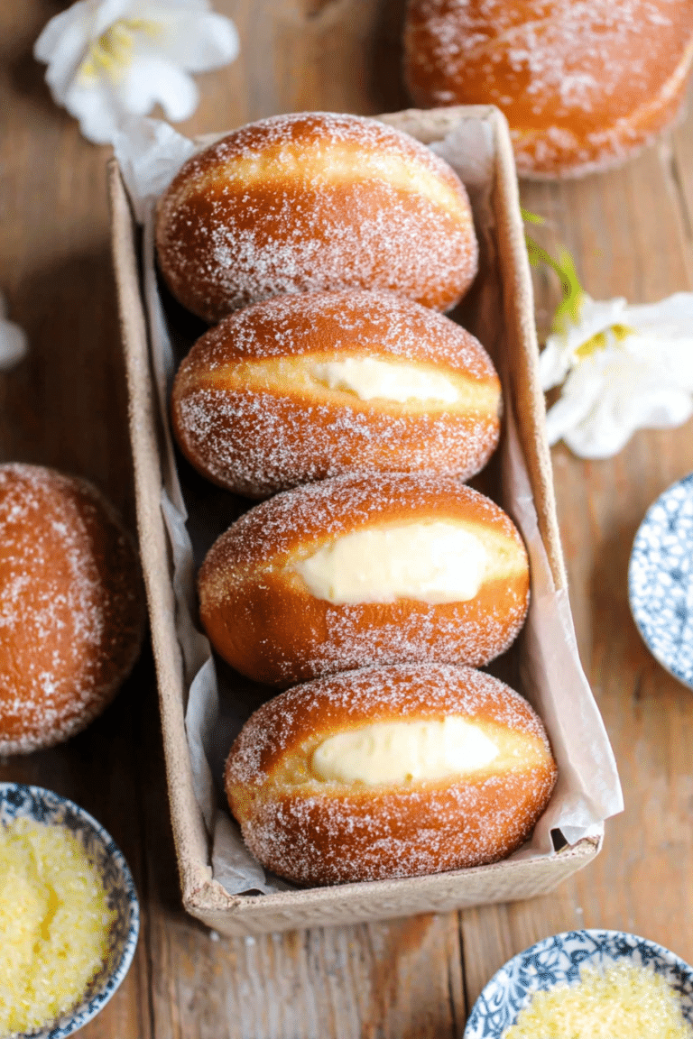 Close-up of bomboloni Italian doughnuts dusted with sugar, revealing creamy pastry filling