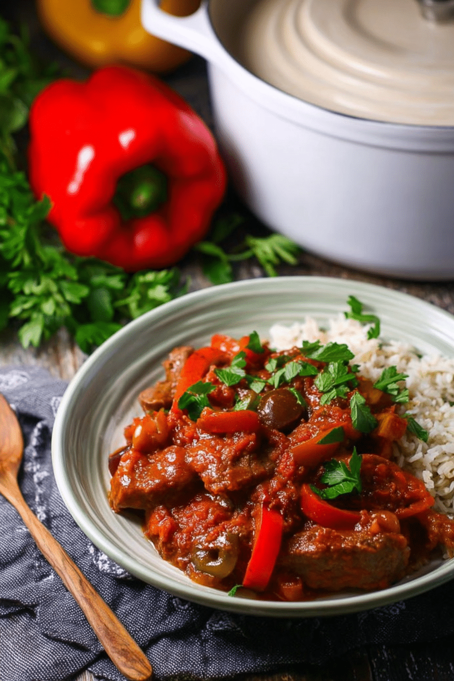 Delicious bowl of braised veal and peppers served with pasta and garnished with parsley.