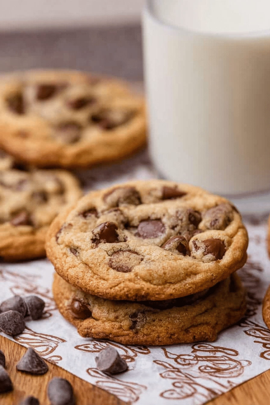Freshly baked brown butter sourdough discard chocolate chip cookies on a cooling rack with chocolate chips melting on top.