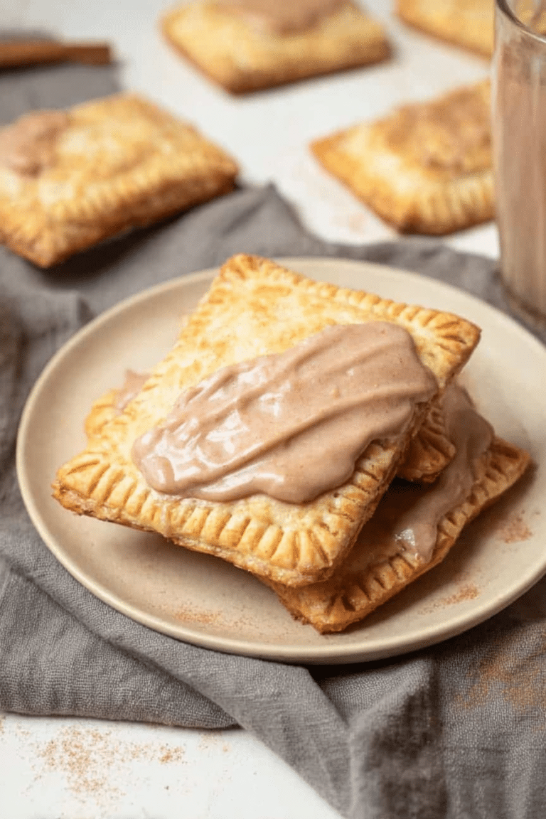Homemade brown sugar cinnamon pop-tarts topped with glaze and powdered sugar, displayed on a wooden table with cinnamon sticks and brown sugar beside them.